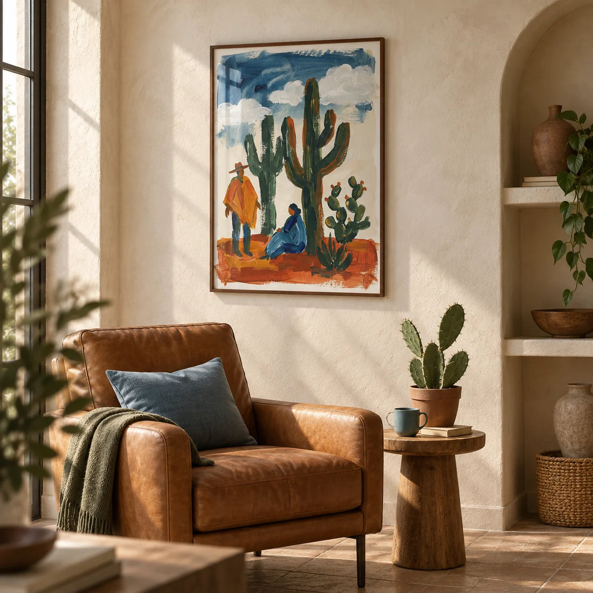 Desert Cactus Wall Art, framed on the wall of a reading corner beside an arched plaster niche in a living room