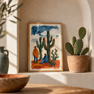 Desert Cactus Wall Art, a small A4 framed print leaning on a shelf in a living room