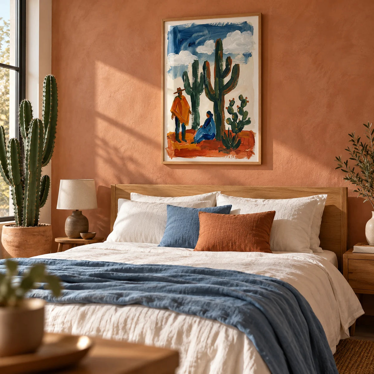 Desert Cactus Wall Art, framed on the wall of a warm bedroom with a soft terracotta limewashed wall
