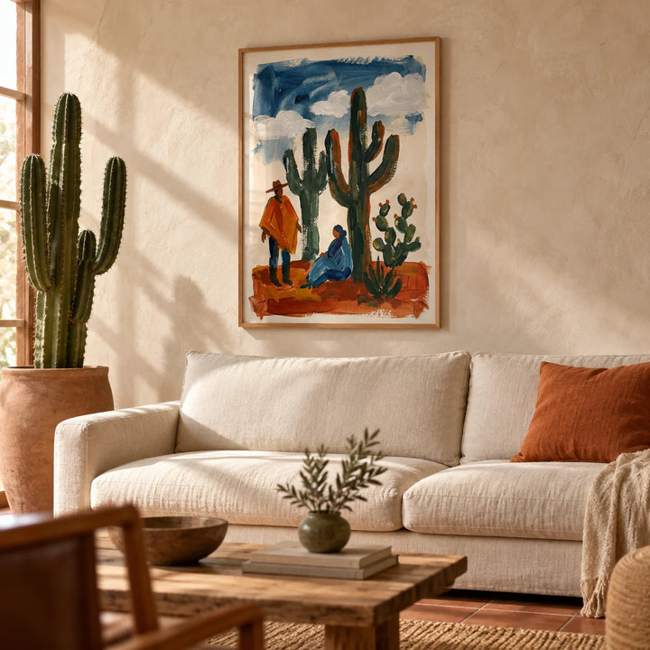 Desert Cactus Wall Art, framed on the wall of a warm desert-modern living room with limewashed plaster walls and a terracotta floor