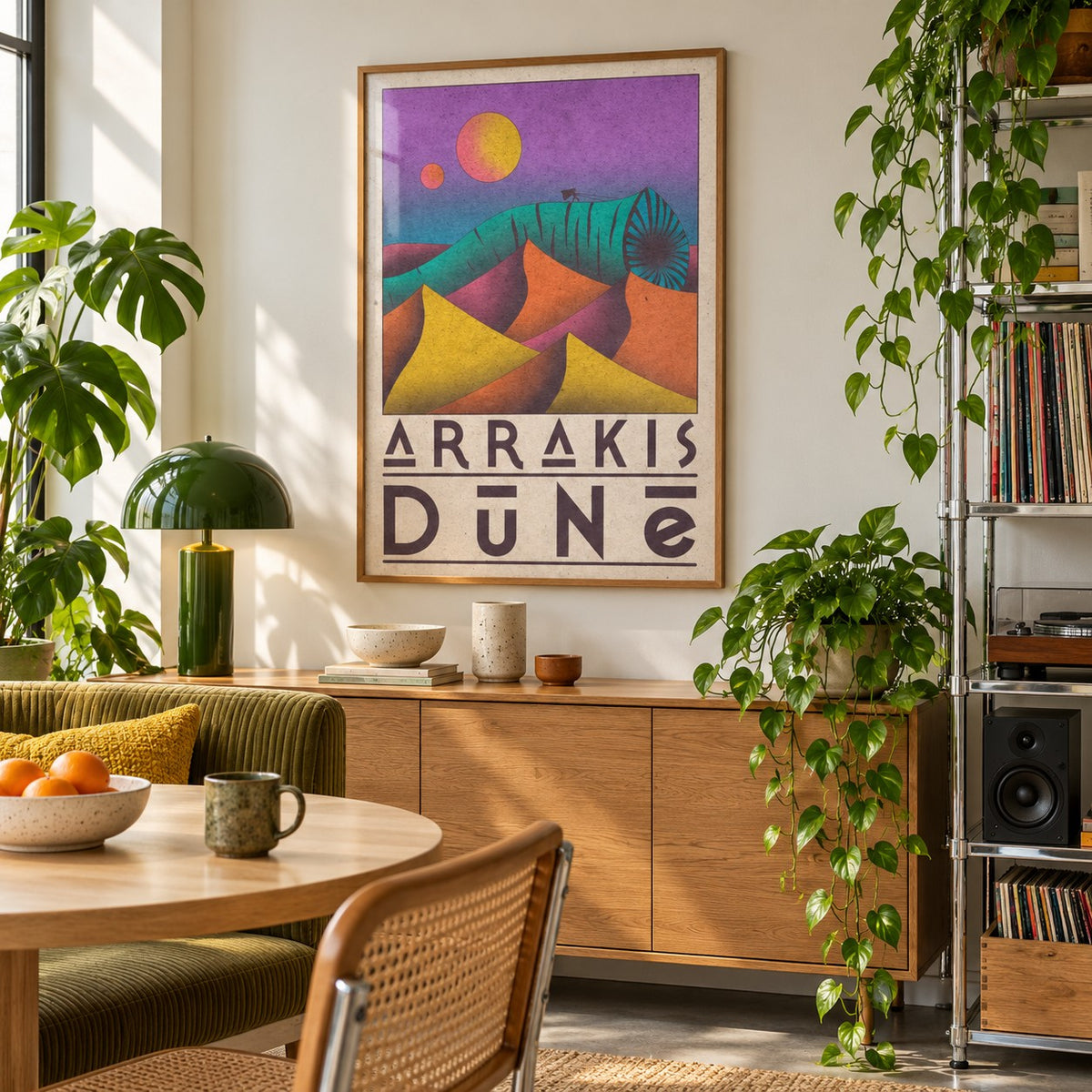 Desert Dunes Sci-Fi Poster shown in a city kitchen dining area (frame not included)