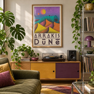 Desert Dunes Sci-Fi Poster shown in a city apartment record corner (frame not included)