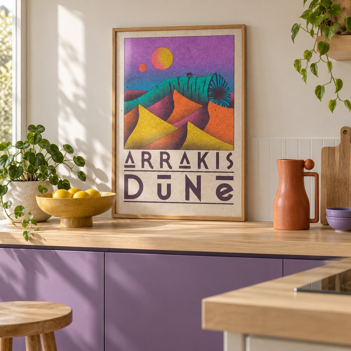 Desert Dunes Sci-Fi Poster shown in a minimalist kitchen (frame not included)