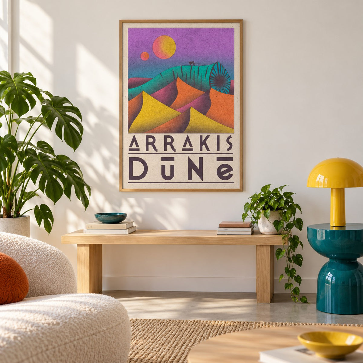 Desert Dunes Sci-Fi Poster shown in a minimalist living room with an oak bench (frame not included)
