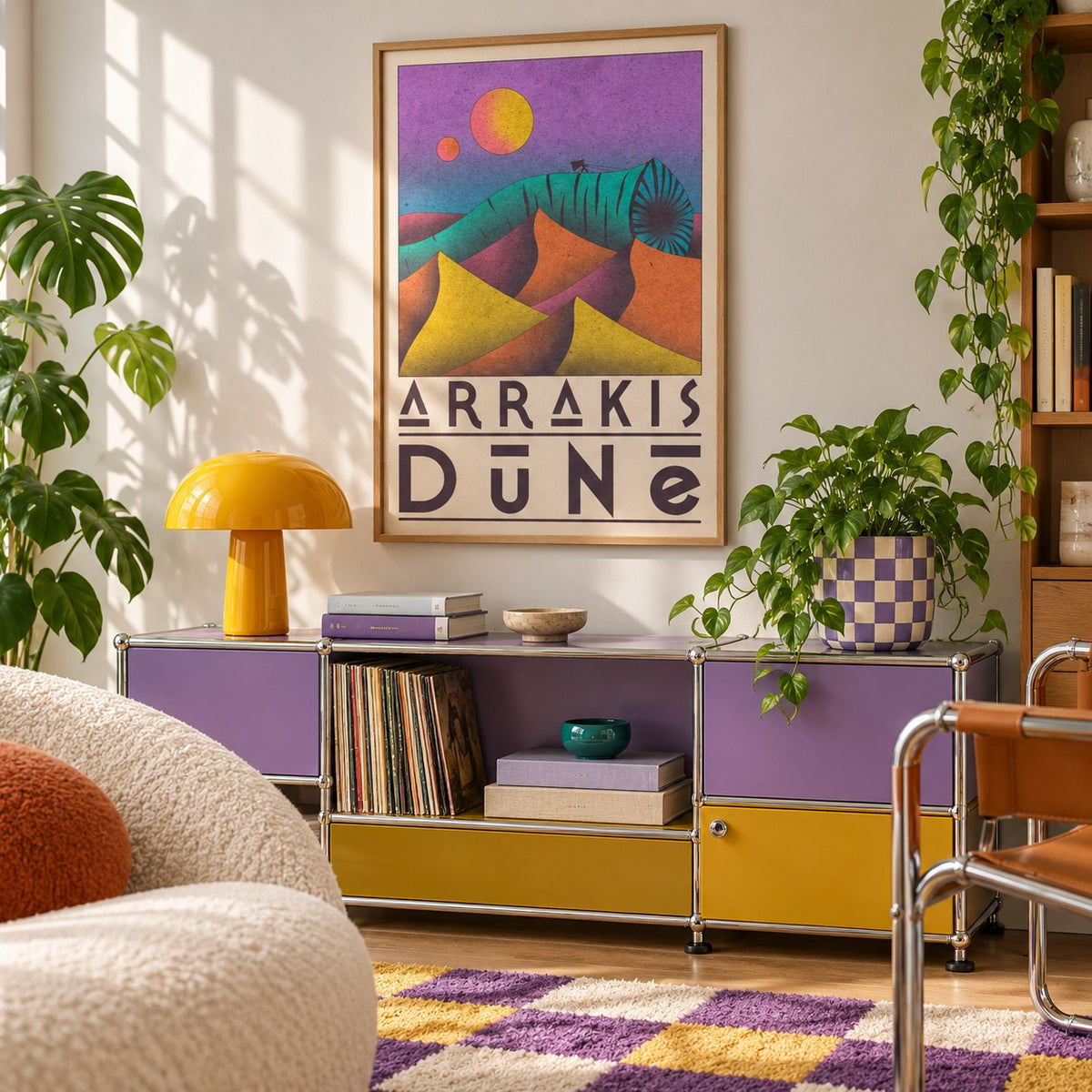 Desert Dunes Sci-Fi Poster shown in a playful living room with a retro modular sideboard (frame not included)