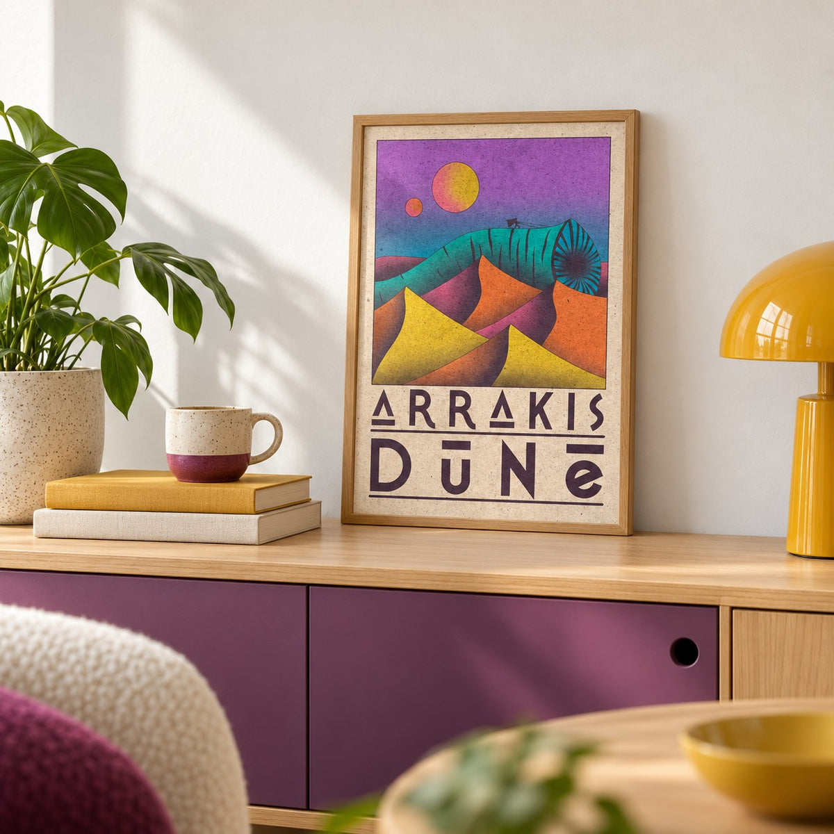 Desert Dunes Sci-Fi Poster shown in the small A4 size on a shelf (frame not included)