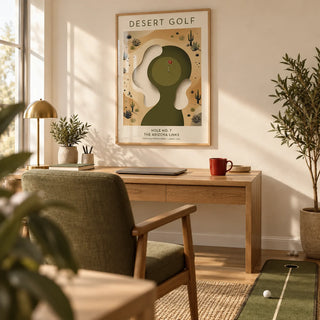 Desert Golf Print, framed on the wall of a calm home office with a cream wall