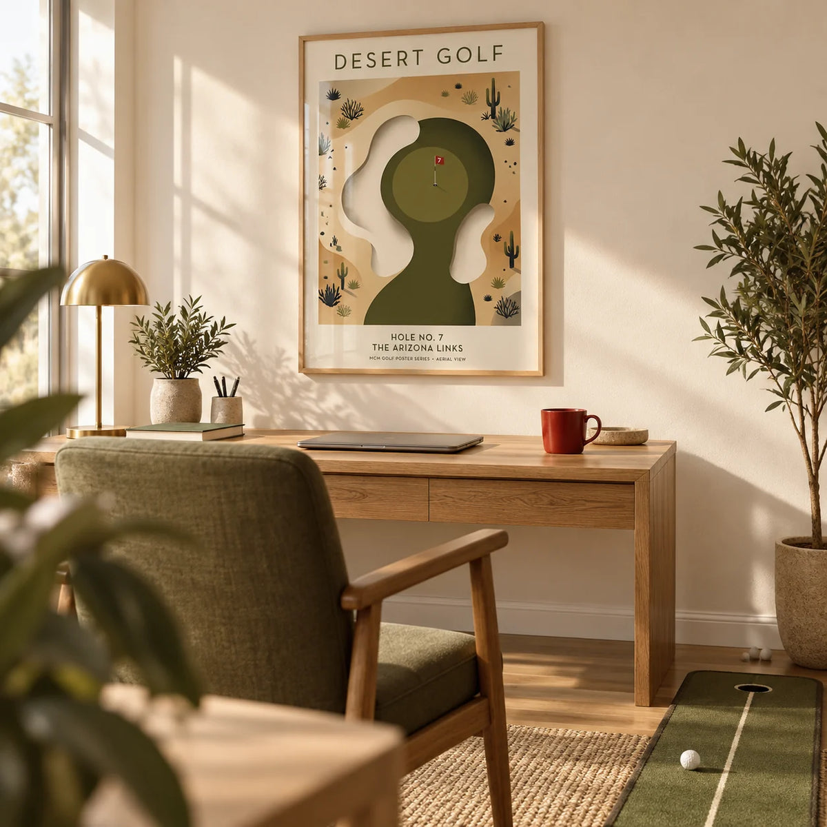 Desert Golf Print, framed on the wall of a calm home office with a cream wall
