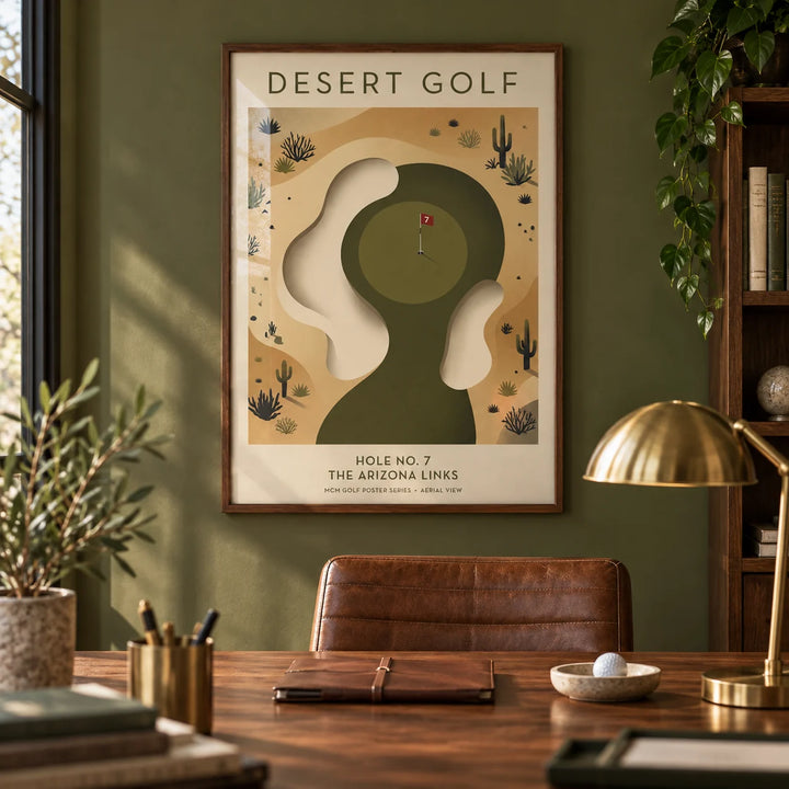 Desert Golf Print, framed on the wall of a golfer's study with an olive green painted wall