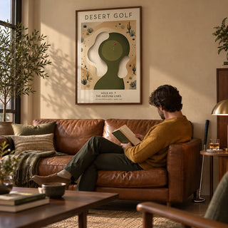 Desert Golf Print, framed on the wall of a mid-century man cave with a sand coloured wall in a living room