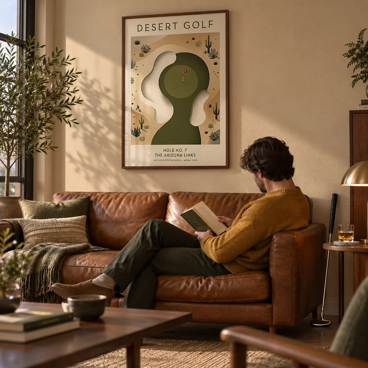 Desert Golf Print, framed on the wall of a mid-century man cave with a sand coloured wall in a living room