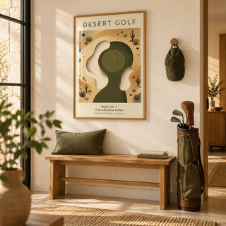 Desert Golf Print, framed on the wall of a smart hallway with a cream wall