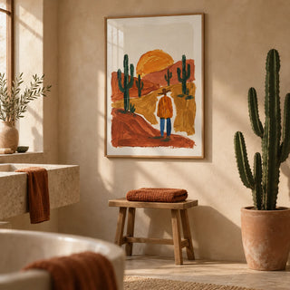 Desert Landscape Art Print, framed on the wall of a sand-coloured plaster bathroom