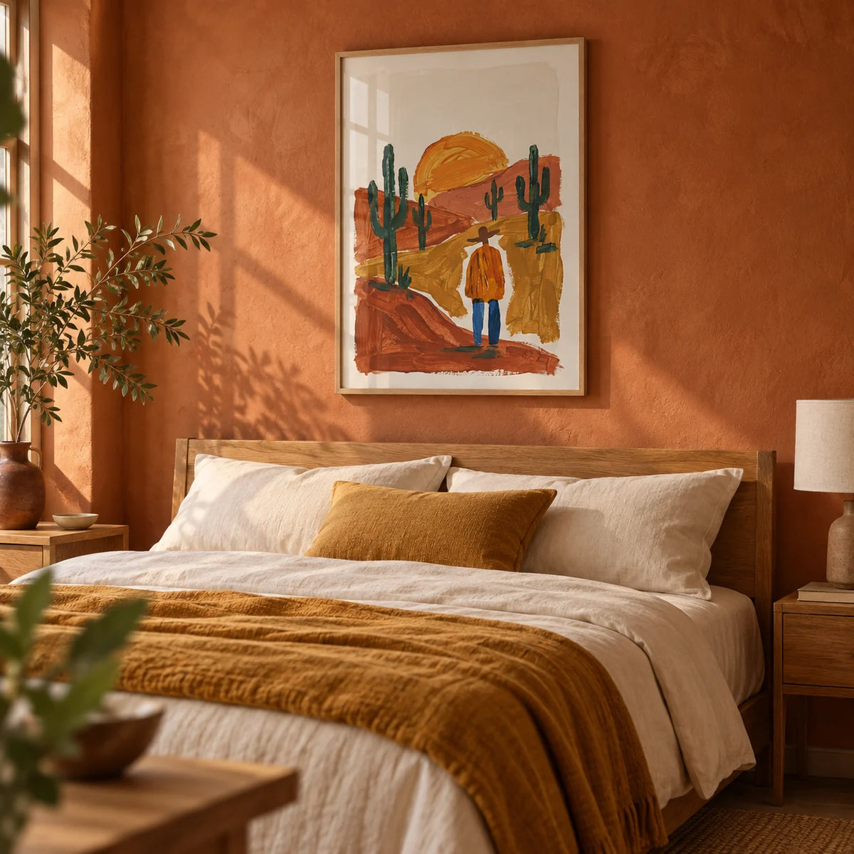 Desert Landscape Art Print, framed on the wall of a warm bedroom with a burnt orange limewashed wall