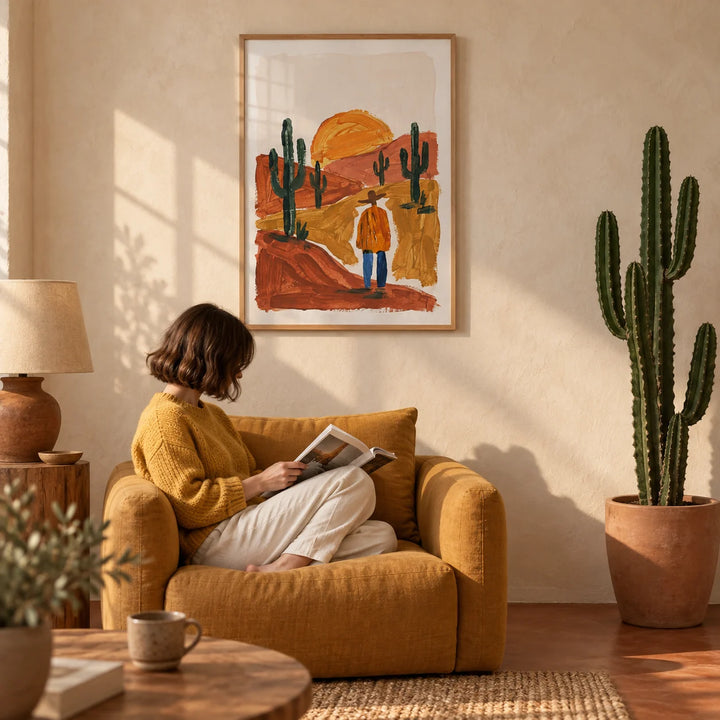Desert Landscape Art Print, framed on the wall of a warm desert-modern living room with limewashed plaster walls and a plain terracotta floor