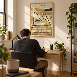 Desert Race Circuit Poster, framed on the wall of a compact home study in a young adult's first flat (22-28)