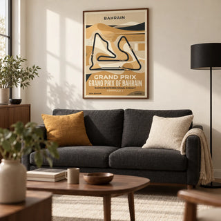 Desert Race Circuit Poster, framed on the wall of a modern living room in a motorsport enthusiast's UK flat with warm off-white walls and walnut furniture