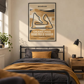 Desert Race Circuit Poster, framed on the wall of a modern teenage motorsport fan's single bedroom (13-17) in a UK family home with a warm cream wall