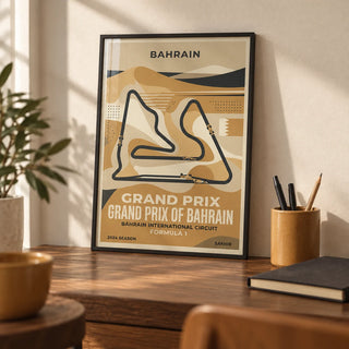 Desert Race Circuit Poster, a small A4 framed print leaning on a walnut desk
