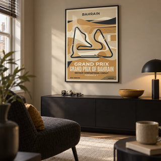 Desert Race Circuit Poster, framed on the wall of a small adult games den in a UK terraced house with a muted sand wall in a living room