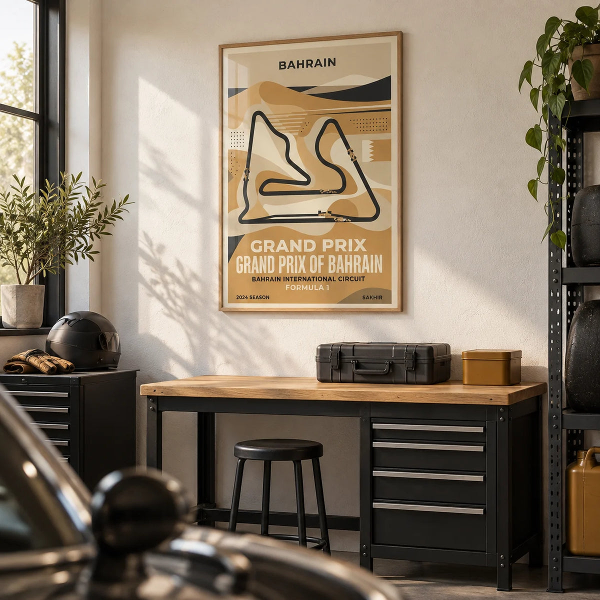 Desert Race Circuit Poster, framed on the wall of a tidy converted garage hobby room for an adult motor-racing enthusiast