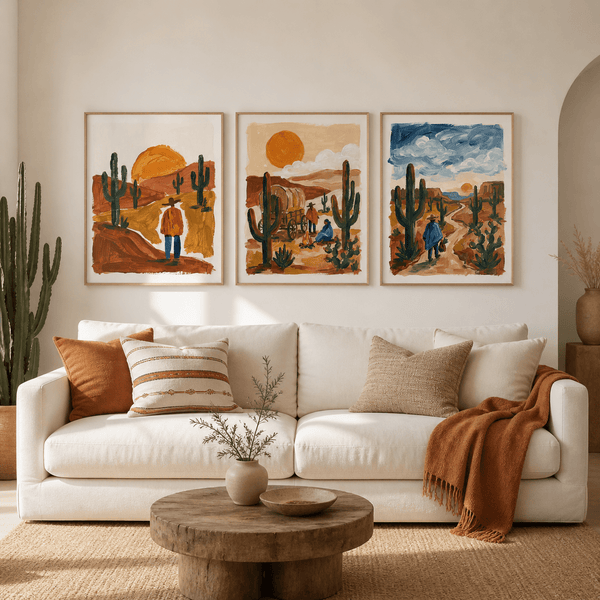 Living room with a white sofa, wooden coffee table, and desert-themed wall art.