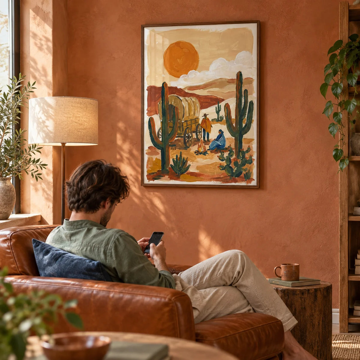 Desert Wagon Art Print, framed on the wall of a reading corner with a terracotta plaster wall in a living room