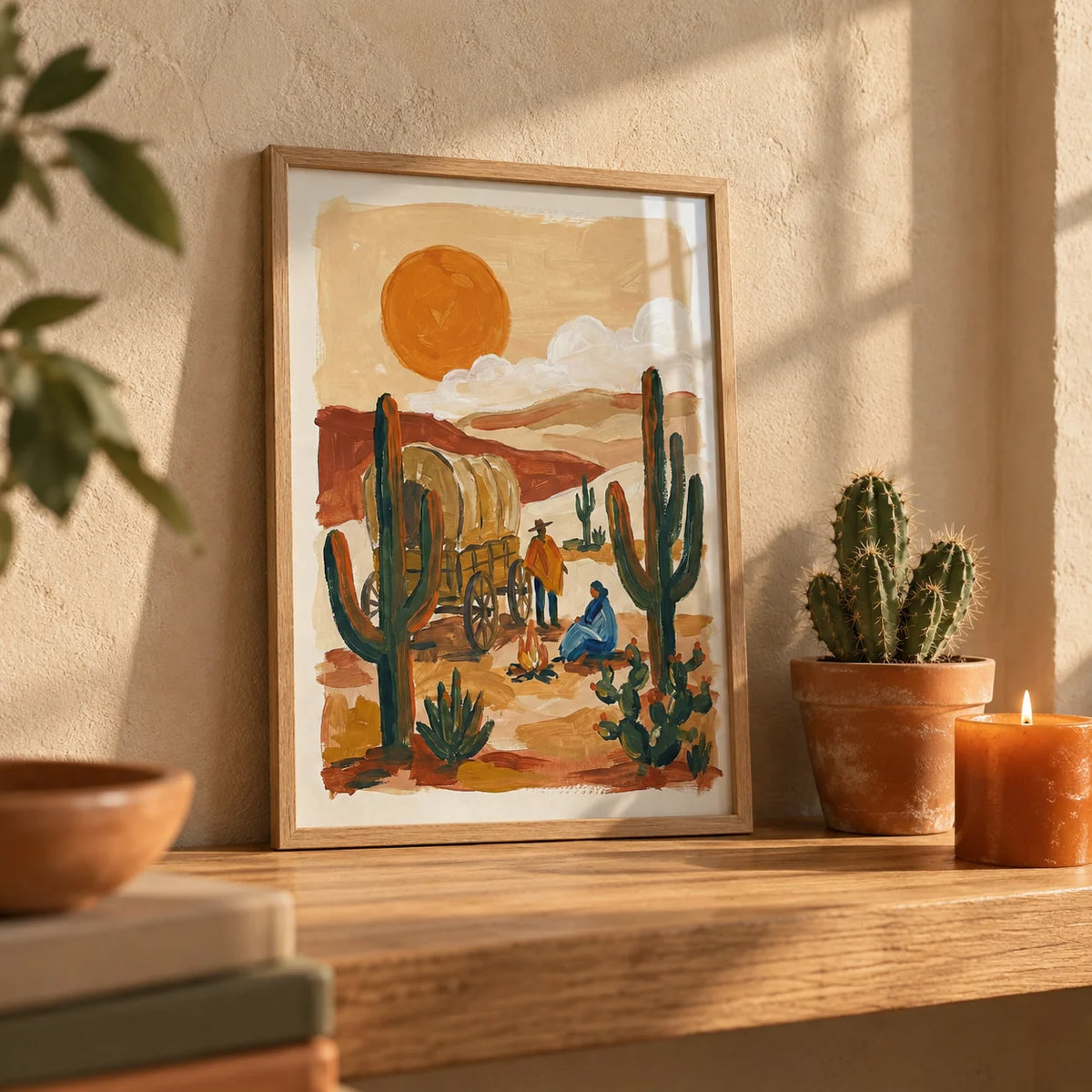 Desert Wagon Art Print, a small A4 framed print leaning on an oak shelf in a living room