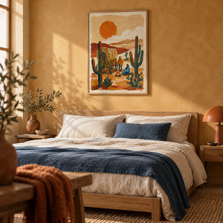 Desert Wagon Art Print, framed on the wall of a warm bedroom with an ochre limewashed wall
