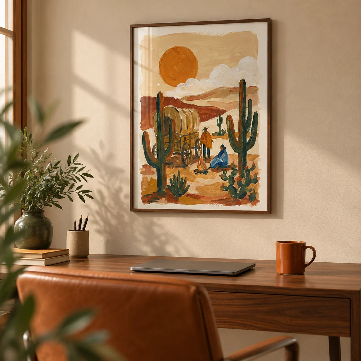 Desert Wagon Art Print, framed on the wall of a warm home office with a plain sand wall