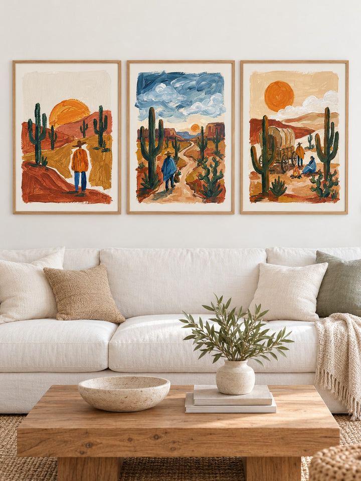 Desert Wall Art hung at eye level above a white linen sofa: Desert Sunset Print, Desert Walk and Desert Wagon shown framed side by side (frames not included)
