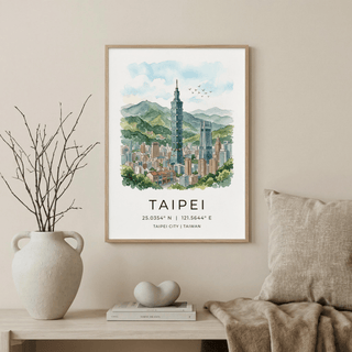 Illustrated Taipei travel print poster with birds in the sky and layered mountain range