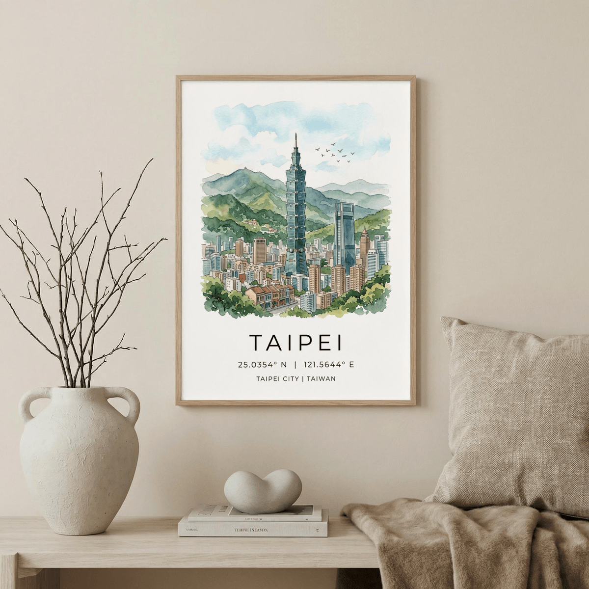 Illustrated Taipei travel print poster with birds in the sky and layered mountain range