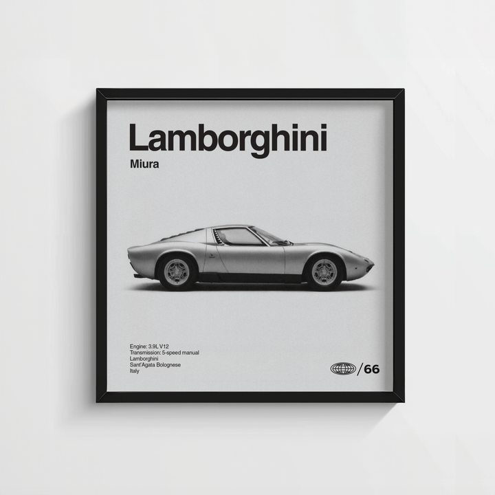 Classic 1960s Supercar Poster framed print close-up with minimalist grey and black design