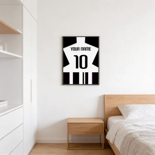 Front view jersey back poster with angled shoulders and vertical stripes in black white pink