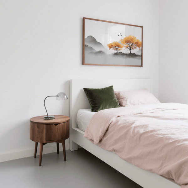 Modern Autumn Tree Wall Art with black trunks and white-backed poster