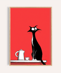 Whimsical Cat Wall Art with black cat, red background, kitchen poster