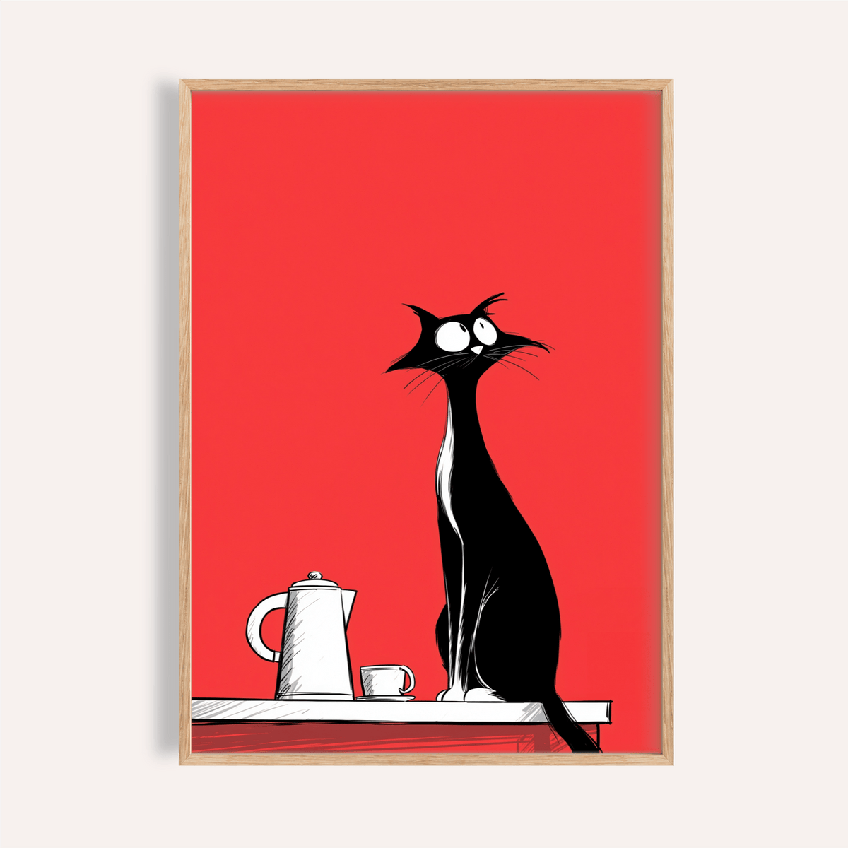 Whimsical Cat Wall Art with black cat, red background, kitchen poster