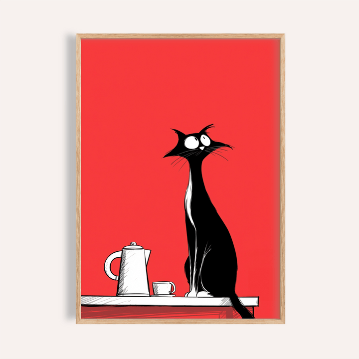 Whimsical Cat Wall Art with black cat, red background, kitchen poster