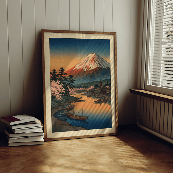 Layered hills scene at dusk reflecting in quiet water