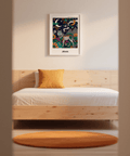 Checkerboard mountain shapes in a cosmic wall art print with stars and planets