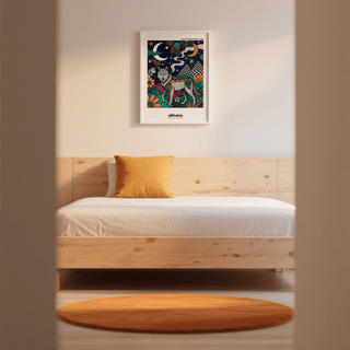 Checkerboard mountain shapes in a cosmic wall art print with stars and planets