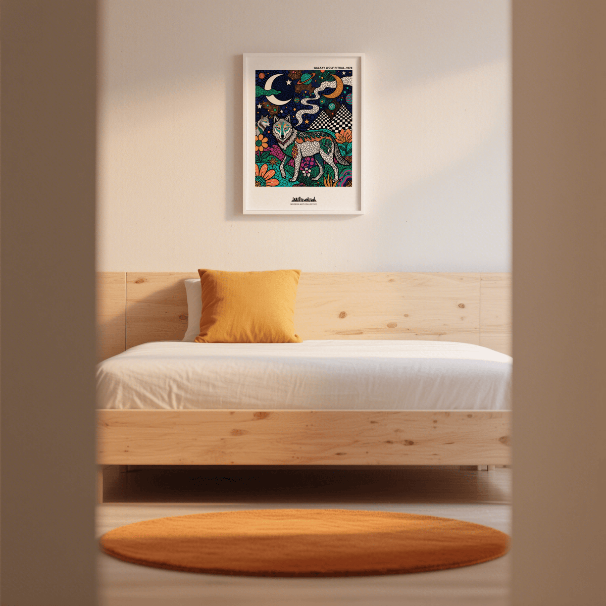 Checkerboard mountain shapes in a cosmic wall art print with stars and planets