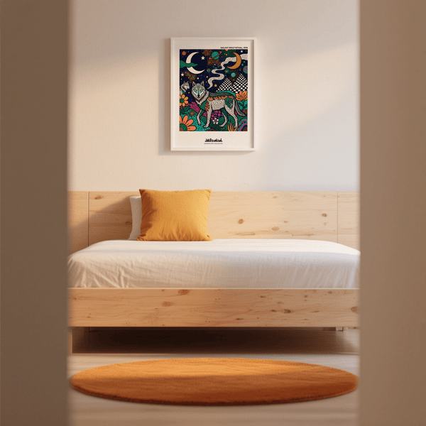 Checkerboard mountain shapes in a cosmic wall art print with stars and planets