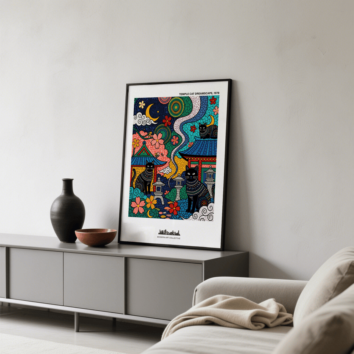 Decorative Japanese Cat Wall Art print featuring three black cats, stone lanterns, and tiled patterns