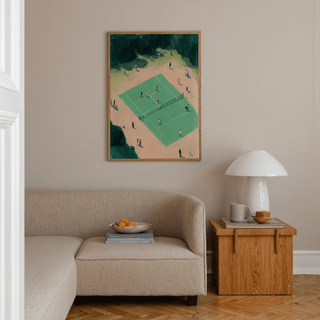 Central court poster print with crisp boundary lines, net detail, and open negative space