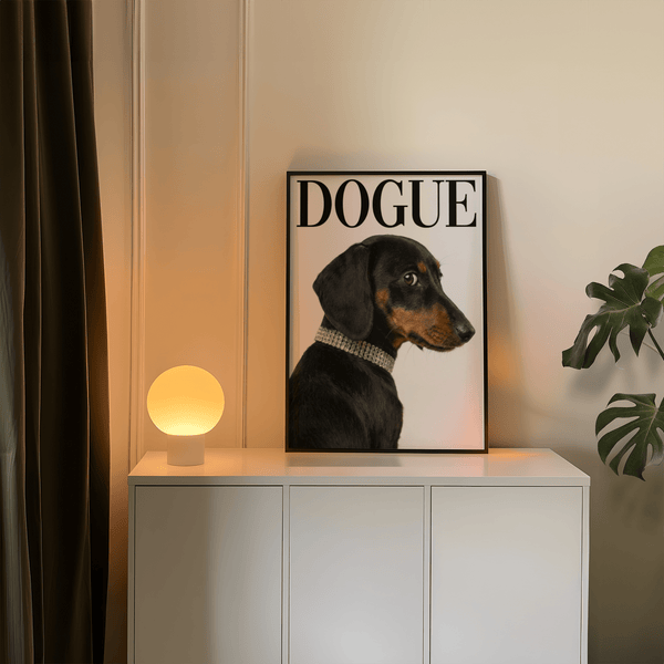 Dachshund Art Print with fashionable dog, Black on White, suited for entryway