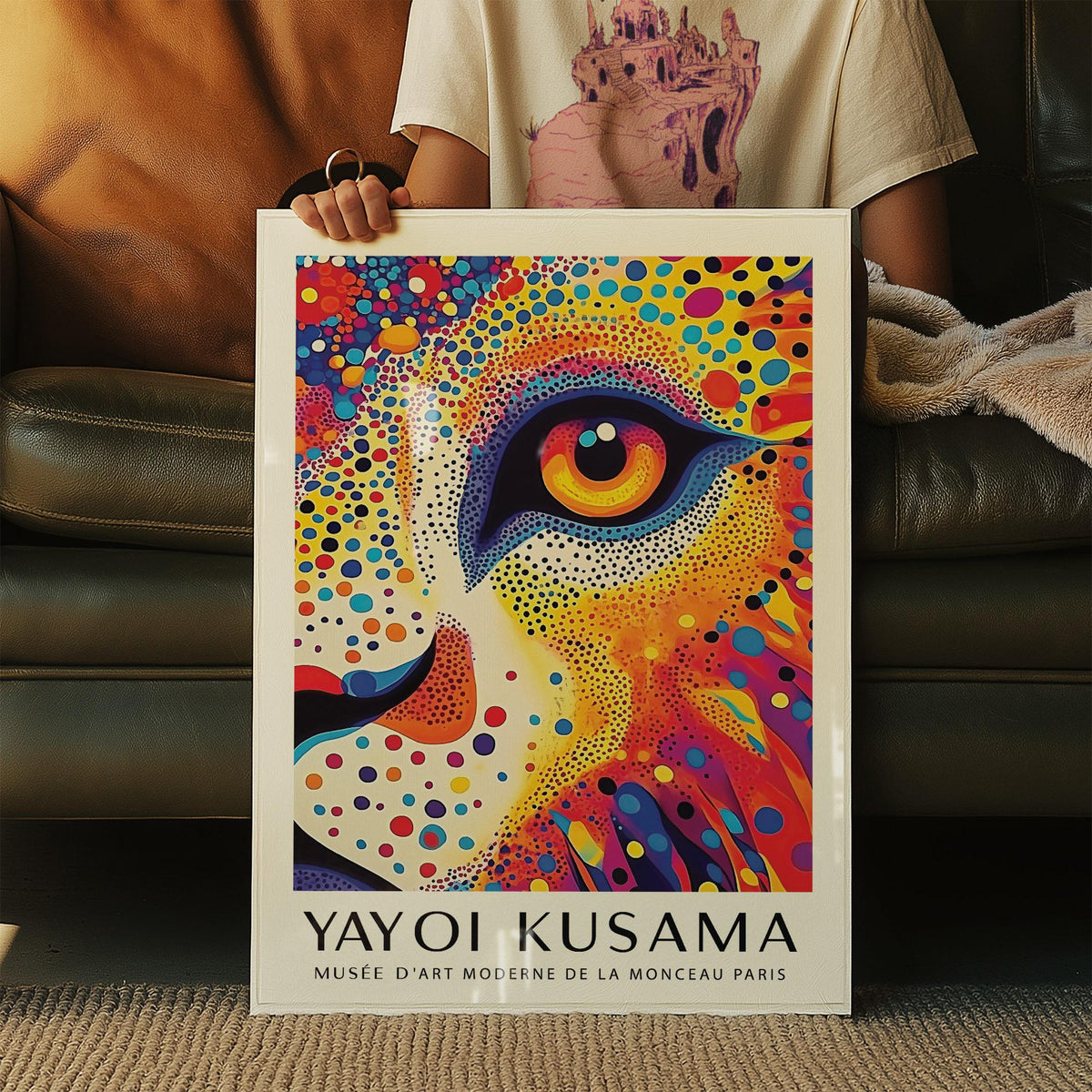Artistic Lion Animal Poster showing abstract feline face with polka dots and patterns.