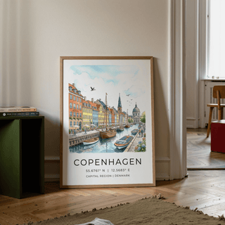 Scene crop of Copenhagen canal wall art print with tour boat in the foreground and reflections in the canal