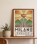 Milano Art Print travel illustration with hills and radiating beam pattern